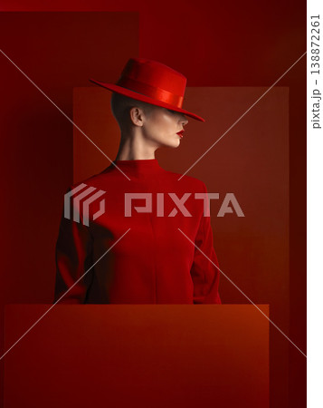 Profile, fashion and mockup with a woman on a red background in studio for marketing, advertising or branding. Luxury, aesthetic style or trendy young female model standing with space for a logo 138872261