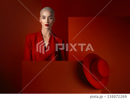 Fashion, portrait and a bald woman on a red background for cosmetics, sexy or vintage aesthetic. Serious, luxury and a young model or girl branding or advertising makeup isolated on a studio backdrop 138872269