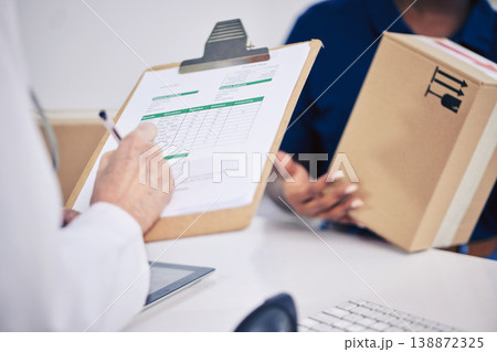 Doctor, delivery and hand with box at pharmacy for signing document with medication or logistics. Healthcare, worker and receive pharmaceutical stock with courier package with service person. Doctor, delivery and hand with box at pharmacy for signing document with medication or logistics. Healthcare, worker and receive pharmaceutical stock with courier package with service person. 138872325