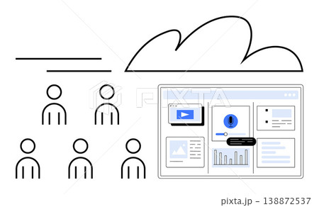 Cloud infrastructure, digital teams, analytics management, data sharing, online communication, user experience. Users and dashboard interface under a cloud symbol. Collaboration and analytics Cloud infrastructure, digital teams, analytics management, data sharing, online communication, user experience. Users and dashboard interface under a cloud symbol. Collaboration and analytics 138872537