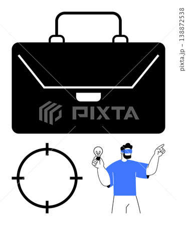 Business planning, virtual innovation, focus tech, creative problem-solving, entrepreneurship, and goal setting. A briefcase, focus target symbol and person wearing VR with a lightbulb. Business 138872538