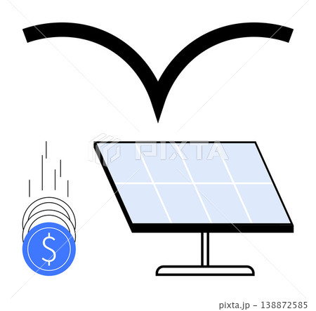 Sustainability, green energy, renewable resources, cost savings, financial growth, clean power. is a solar panel with falling coins and a dynamic graphic. Green energy and cost savings theme 138872585