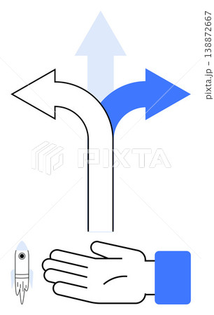 Decision-making, strategy, career planning, innovation, business growth, team collaboration. Arrows pointing in different directions with a hand below. Decision-making and strategy concept 138872667