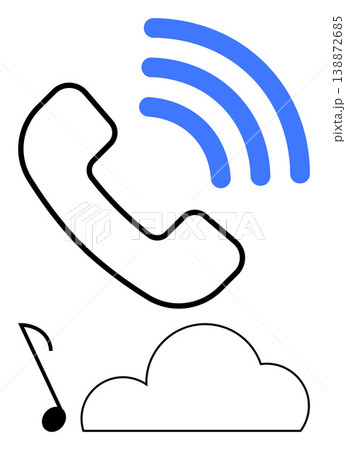 Telecommunications, technology, cloud storage, streaming services, voice messages, audio. A phone receiver, blue signal waves a cloud and a musical note. Telecommunications and cloud storage Telecommunications, technology, cloud storage, streaming services, voice messages, audio. A phone receiver, blue signal waves a cloud and a musical note. Telecommunications and cloud storage 138872685