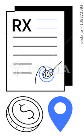 Healthcare costs, medicine, prescription services, insurance, pharmacology, medical accessibility. Paper with RX, signature coin and locator pin elements. Healthcare costs and medicine concept Healthcare costs, medicine, prescription services, insurance, pharmacology, medical accessibility. Paper with RX, signature coin and locator pin elements. Healthcare costs and medicine concept 138872693