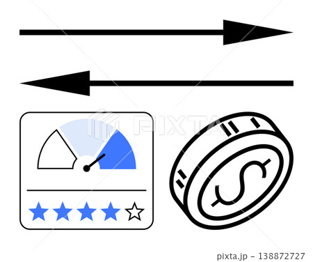 Financial analysis, business strategy, customer rating, investment, monetary exchange, decision making. Arrows, coin symbol and review dashboard. Financial analysis and business strategy concepts 138872727