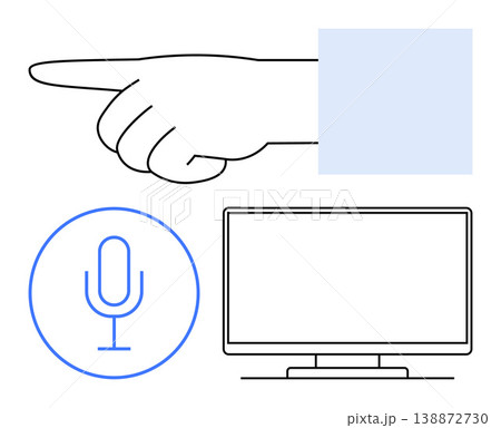Voice recognition, user interface control, commands, smart technology, accessibility, virtual assistants. Image of a pointing hand, microphone icon and screen. Voice recognition and user interface Voice recognition, user interface control, commands, smart technology, accessibility, virtual assistants. Image of a pointing hand, microphone icon and screen. Voice recognition and user interface 138872730