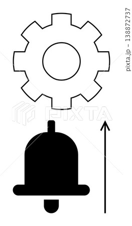 Settings control, notifications management, process streamlining, alert system, workflow optimization, digital interfaces. Gear, notification bell upward arrow. Settings control and notifications 138872737