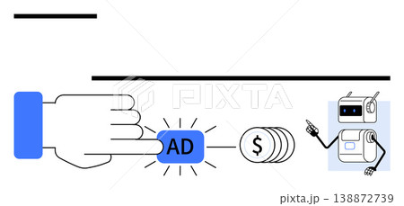 Digital marketing, online advertising, pay per click, automated transactions, revenue generation, technology interface. Hand clicking ad button near robot and coin stack. Digital marketing and online 138872739