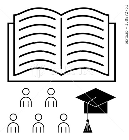 Education, learning, academia, teamwork, knowledge, skills development. Open book, group of people graduation cap. Education and learning concepts with a focus on knowledge sharing 138872751
