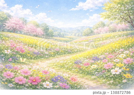 春シリーズ：春の丘に広がる遠景の花畑 138872786