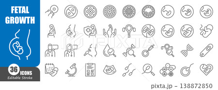 Set of fetal growth and prenatal care line icons.Includes pregnancy stages, embryo development, ultrasound, medical checkups, and maternity health symbols. Editable stroke. Vector illustration. 138872850
