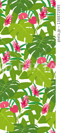 色鮮やかな熱帯植物が生い茂る庭を描いたシームレスパターン 138872895