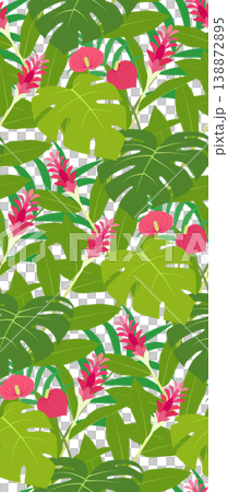 色鮮やかな熱帯植物が生い茂る庭を描いたシームレスパターン 138872895