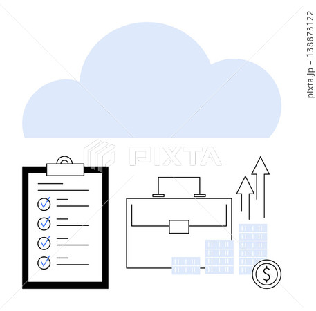Business productivity, financial planning, data storage, cloud computing, investment growth, corporate workflow. A cloud, checklist briefcase money stacks and upward arrows. Business productivity 138873122