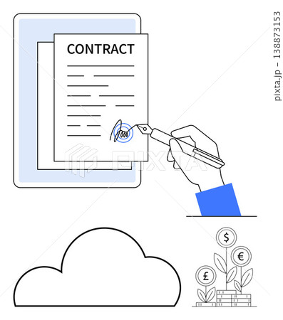 Business agreements, digital storage, growth investment, legal services, data security, and online services. Pen signing a contract, cloud icon and financial growth symbol. Business agreements 138873153