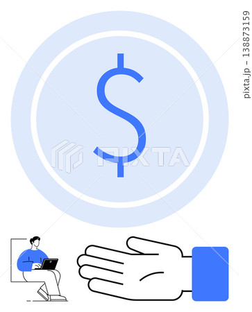 Finance, technology, digital transactions, e-banking, economic security, online business. Large dollar sign, hand gesture person with a laptop. Finance and technology highlighted Finance, technology, digital transactions, e-banking, economic security, online business. Large dollar sign, hand gesture person with a laptop. Finance and technology highlighted 138873159