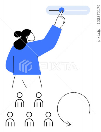 Team management, leadership, process control, decision making, guidance, workflow. Woman interacting with a slider. Team management and leadership concepts illustrated through iconic elements Team management, leadership, process control, decision making, guidance, workflow. Woman interacting with a slider. Team management and leadership concepts illustrated through iconic elements 138873179