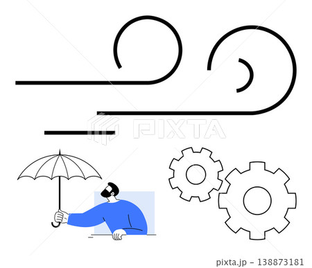 Natural elements, technology, protection, innovation, engineering, weather resilience. Person holding umbrella under wind. Natural elements and engineering concept with gears and wind ion Natural elements, technology, protection, innovation, engineering, weather resilience. Person holding umbrella under wind. Natural elements and engineering concept with gears and wind ion 138873181