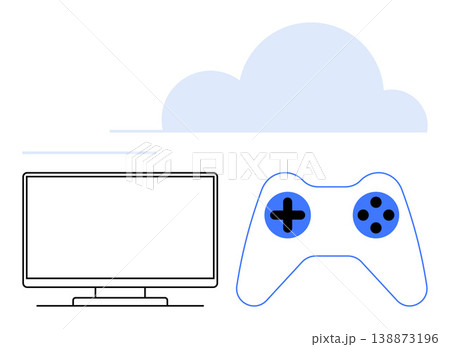 Cloud gaming, video game streaming, online entertainment, remote play, gaming technology, multimedia. Image of a gaming controller, monitor and cloud. Cloud gaming and video game streaming concepts 138873196