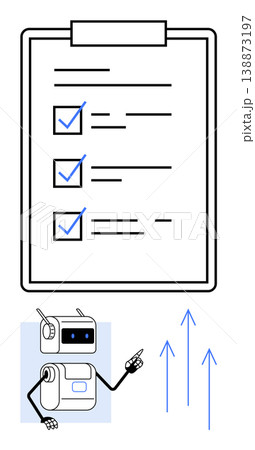 Task management, productivity tools, AI assistance, workflow optimization, checklist organization, goal tracking. A robot pointing to a checklist and upward arrows. Task management and productivity 138873197