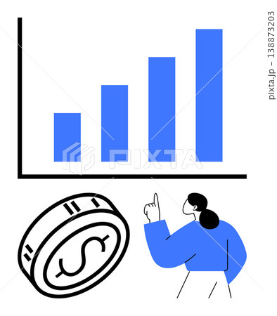 Business strategy, investments, financial planning, economic growth, profit tracking, data analysis. A bar chart, dollar coin and woman pointing upward. Financial planning and economic growth Business strategy, investments, financial planning, economic growth, profit tracking, data analysis. A bar chart, dollar coin and woman pointing upward. Financial planning and economic growth 138873203