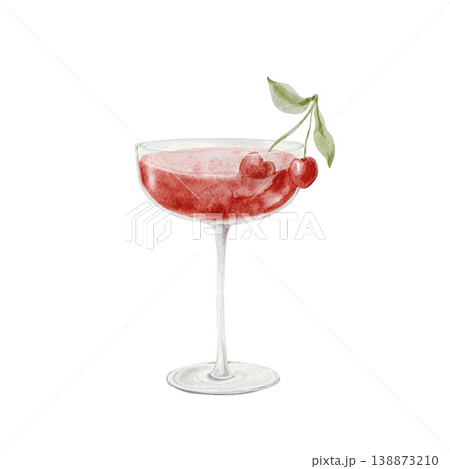 Single hand painted watercolor cherry cocktail in coupe glass with cherries garnish isolated on white background, bar drink clipart. Single hand painted watercolor cherry cocktail in coupe glass with cherries garnish isolated on white background, bar drink clipart. 138873210