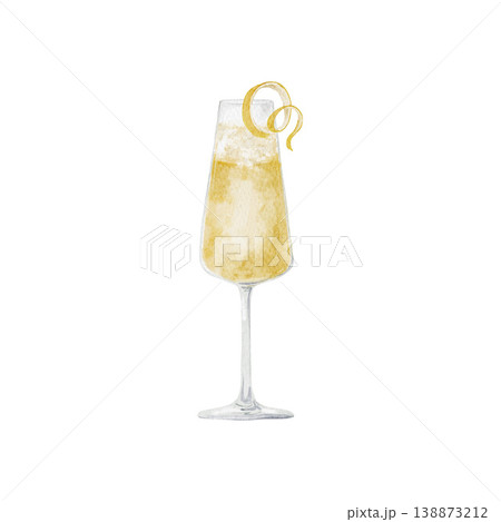 Single hand painted watercolor champagne cocktail in flute glass with lemon twist garnish isolated on white background, bar clipart. Single hand painted watercolor champagne cocktail in flute glass with lemon twist garnish isolated on white background, bar clipart. 138873212