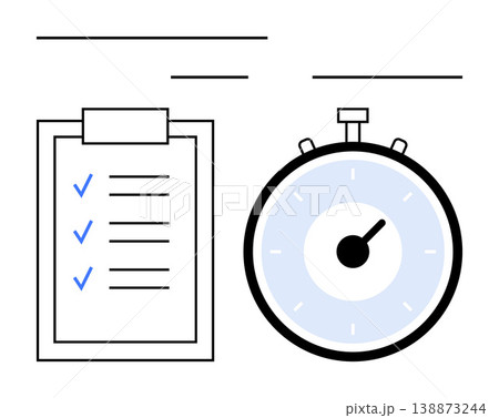 Productivity, time management, goal setting, workflow optimization, business strategy, efficiency. Clipboard with checklist and stopwatch. Productivity and time management concept 138873244