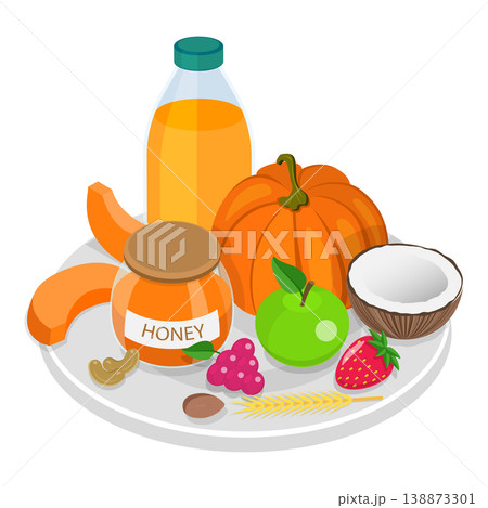 3D Isometric Flat Vector Set of Vegetarian Food Plates, Organic Grocery Products. Item 6 138873301