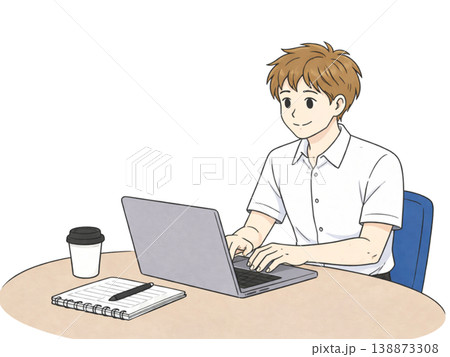 ノートパソコンで作業する男性 ビジネスシーンのシンプルなイラスト 138873308