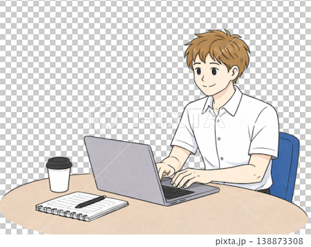 ノートパソコンで作業する男性 ビジネスシーンのシンプルなイラスト 138873308