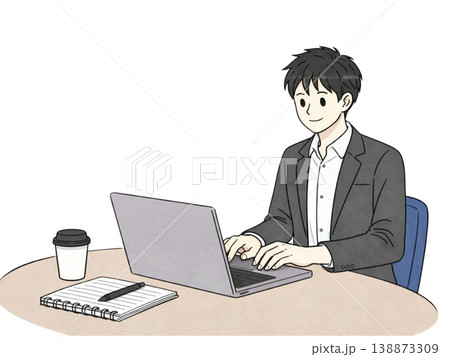 ノートパソコンで仕事をするスーツの男性 ビジネスシーンのイラスト 138873309