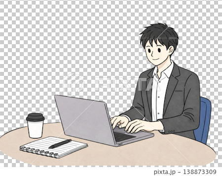 ノートパソコンで仕事をするスーツの男性 ビジネスシーンのイラスト 138873309