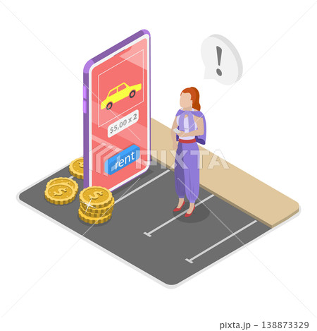 3D Isometric Flat Vector Illustration of Renting a Car Using a Mobile Application, Rideshare Company Services. Item 1 3D Isometric Flat Vector Illustration of Renting a Car Using a Mobile Application, Rideshare Company Services. Item 1 138873329