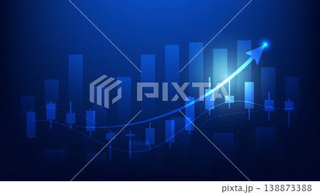 financial market trading report. candlesticks and bar chart on blue background 138873388