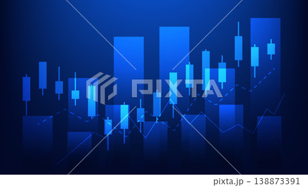 stock market candlesticks chart with bar graph and indicator on blue background. economy growth and business financial report stock market candlesticks chart with bar graph and indicator on blue background. economy growth and business financial report 138873391