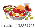 Traditional turkish breakfast illustration with cooked egg, sucuk sausage, yogurt dip haydari, tea and pogaca bread. Cuisine meal in cartoon style for menu, cafe design. 138873395