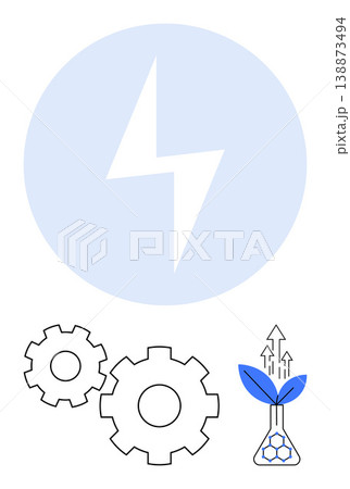 Sustainable energy, biotechnology, innovation, green energy, technology, industry advancements. Lightning symbol, gears and flask with plant growth. Sustainable energy and biotechnology concepts Sustainable energy, biotechnology, innovation, green energy, technology, industry advancements. Lightning symbol, gears and flask with plant growth. Sustainable energy and biotechnology concepts 138873494