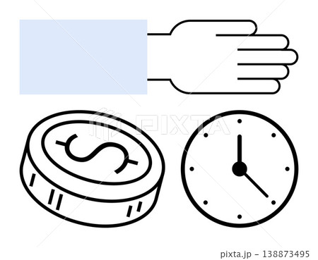 Time management, financial planning, productivity, business efficiency, cost control, savings. Outlined hand, clock and coin icons. Time management and financial planning conceptual design Time management, financial planning, productivity, business efficiency, cost control, savings. Outlined hand, clock and coin icons. Time management and financial planning conceptual design 138873495