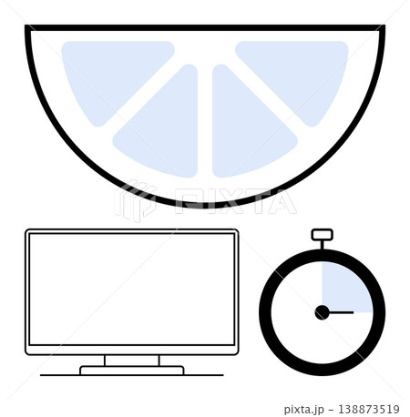 Time management, productivity tools, digital workspace, health focus, minimal design, creativity. Graphic of a lemon slice above a monitor and stopwatch. Time management and productivity tools Time management, productivity tools, digital workspace, health focus, minimal design, creativity. Graphic of a lemon slice above a monitor and stopwatch. Time management and productivity tools 138873519