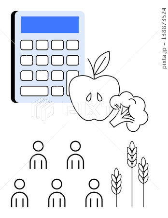 Budget planning, healthy eating, nutrition education, agricultural economy, food security, population analysis. Calculator, apple broccoli people icons wheat stalks. Budget planning and healthy 138873524