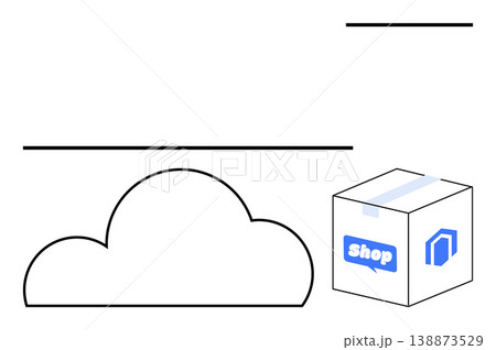 Online shopping, e-commerce solutions, cloud storage, logistics, digital delivery, technology. A cloud shape and a box with a shop label. E-commerce solutions and online shopping concept 138873529