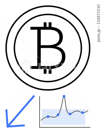 Cryptocurrency, economy, blockchain, financial analysis, digital currency, investment trends. Bitcoin logo with a graph and arrow showing market data movement. Cryptocurrency and economy concept 138873530