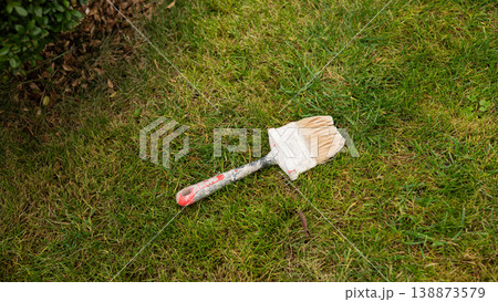 Used paintbrush lying on green grass in a garden setting 138873579