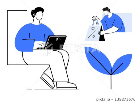 Online shopping, e-commerce, sustainability, modern lifestyle, remote work, digital connection. Person using laptop, shopping bags plant icon. Online shopping and sustainability concept Online shopping, e-commerce, sustainability, modern lifestyle, remote work, digital connection. Person using laptop, shopping bags plant icon. Online shopping and sustainability concept 138873676