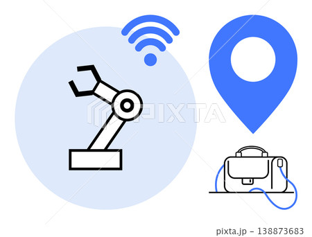 Smart manufacturing, industrial automation, IoT connectivity, logistics, GPS tracking, robotics. Robotic arm with wireless symbol, location pin and suitcase icon. Industrial automation and IoT Smart manufacturing, industrial automation, IoT connectivity, logistics, GPS tracking, robotics. Robotic arm with wireless symbol, location pin and suitcase icon. Industrial automation and IoT 138873683
