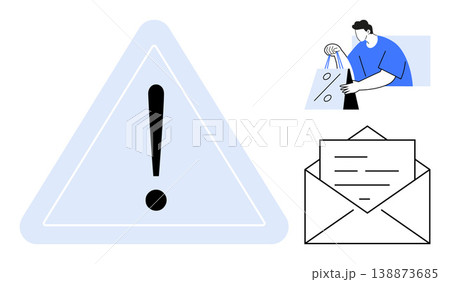 Risk awareness, online shopping safety, warning signs, customer support, communication, fraud detection. A triangle with an exclamation mark, a person with a shopping bag an envelope. Risk awareness Risk awareness, online shopping safety, warning signs, customer support, communication, fraud detection. A triangle with an exclamation mark, a person with a shopping bag an envelope. Risk awareness 138873685
