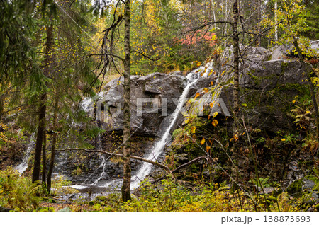 Serene autumn forest waterfall amidst lush greenery and rocks Serene autumn forest waterfall amidst lush greenery and rocks 138873693