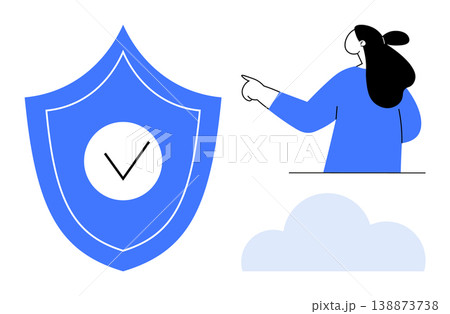 Privacy protection, online security, data management, cloud computing, digital authentication, technology. Blue shield with a checkmark, woman pointing at cloud. Privacy protection and online Privacy protection, online security, data management, cloud computing, digital authentication, technology. Blue shield with a checkmark, woman pointing at cloud. Privacy protection and online 138873738